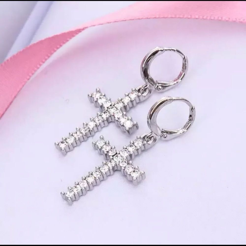 Silver Cross Hoop Dangle Drop Earrings